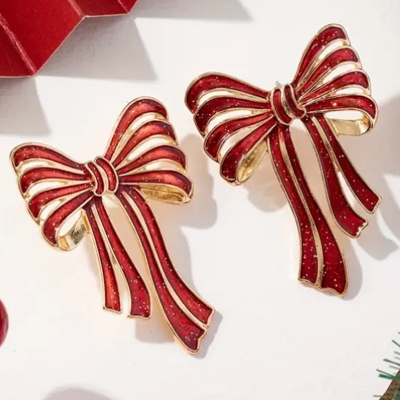 Jewelry - Red Bow Christmas Holiday Gold Toned Stud Earrings